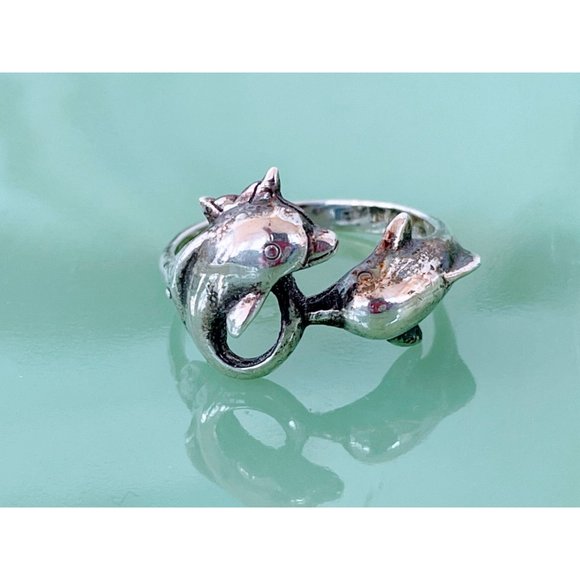 Vintage 925 Silver  Double Dolphin fish Ring Size 8.25 - Picture 6 of 11